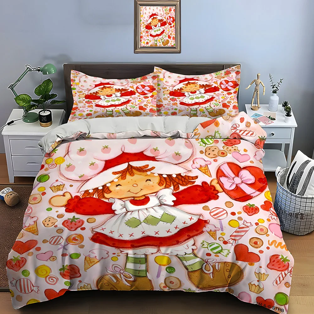 3pcs Cuete Cartoon E-Emily Erdbeer Friends 인쇄 된 침구 세트 1 이불 커버 2 베개 커버 소년 소녀 어린이 럭셔리 선물