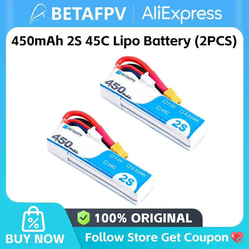 Betafpv 450mAh 2S 45C Lipo Battery/ 2S Whoop Cable Pigtail (XT30