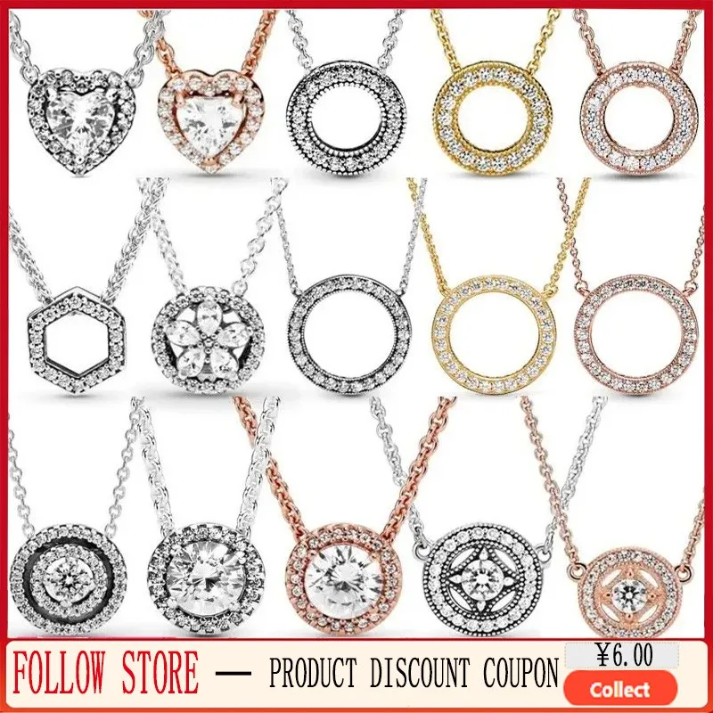 Women's Classic Necklace 925 Silver Original Logo Pav é Collar Chain Sparkling Double Ring Pendant Collar Chain DIY Jewelry Gift nicknicole nicole sparkling logo teeblack