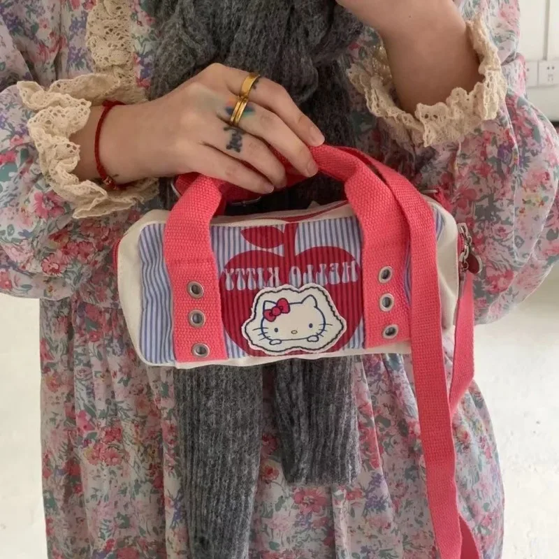 MBTI Vintage Hello Kitty Womens Handbag Patchwork Barrel-shaped Fashion Shoulder Bag Casual Luxury Designer Female Crossbody Bag