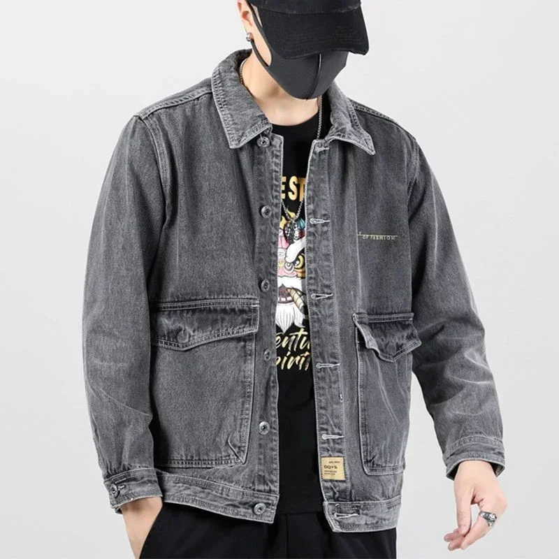 thumbnail image 1 of Abrigo vaquero para hombre, abrigo con bordado, chaqueta vaquera para hombre, gris, lavado, de lujo, de marca, de diseñador, elástico, nuevo, talla grande, G, suelto, L, 1 of 5