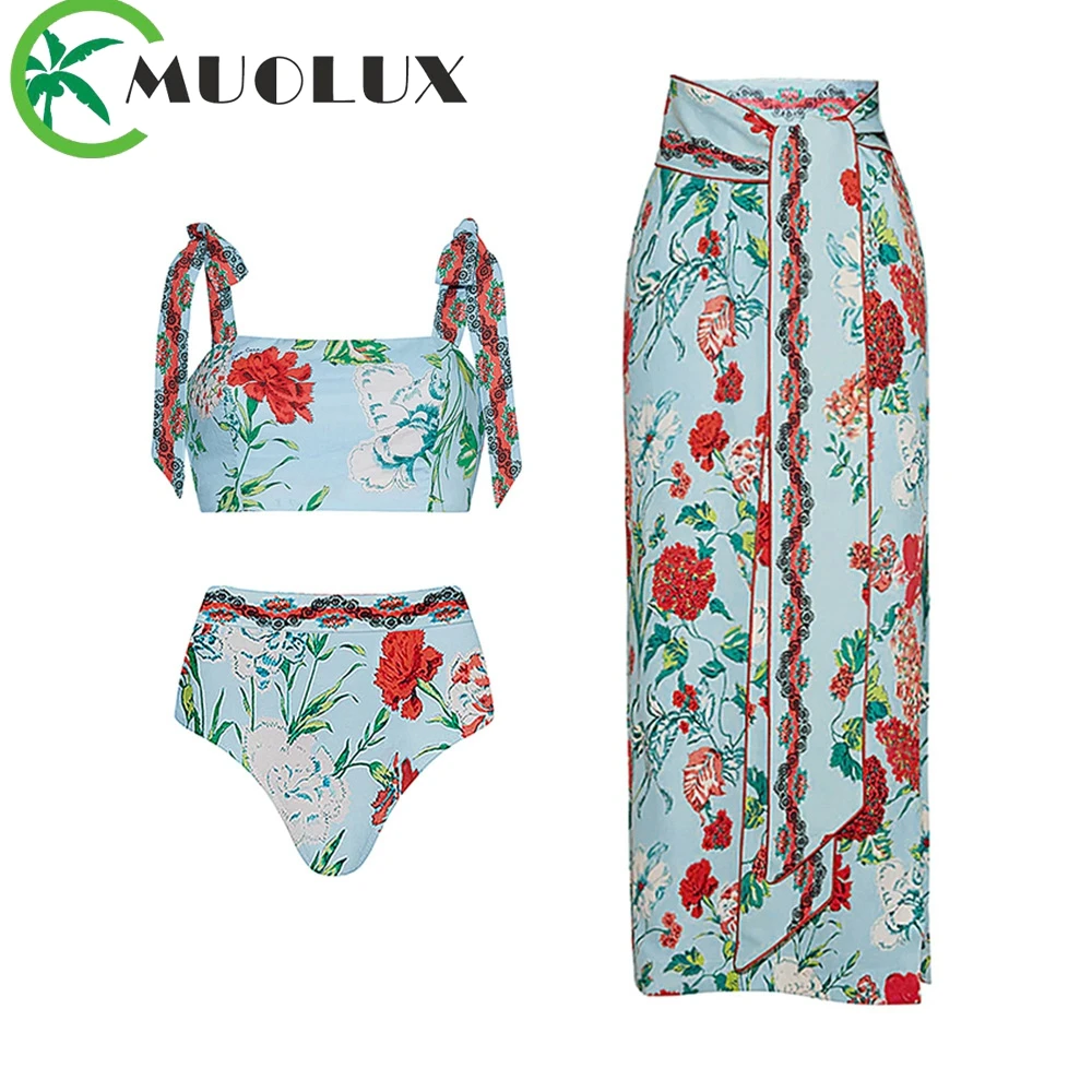 

MUOLUX 2023 Sexy Ruffle Push Up Bikinis Set Swimsuit Dress Women Print Swimwear Skirt Beachwear Bathing Suit Monokini Cover Up