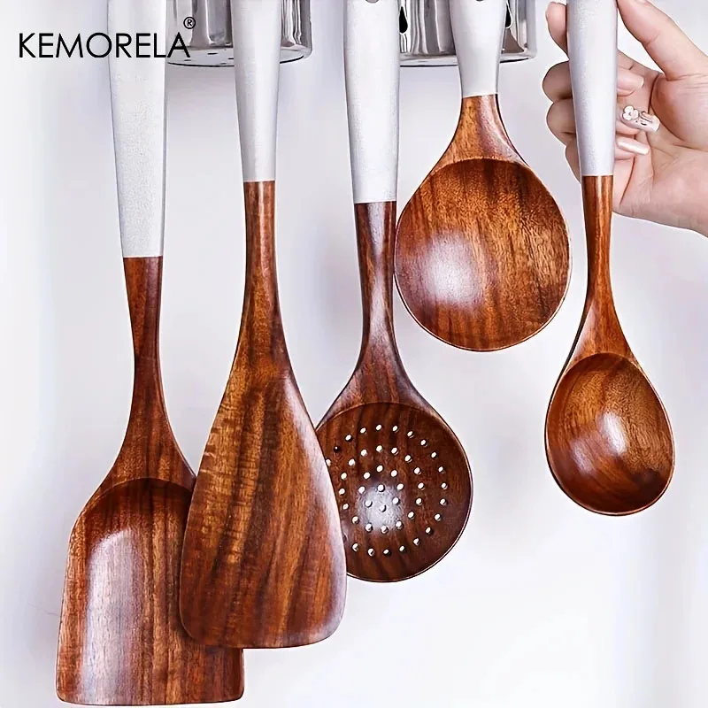 Thai Wooden Spoon Kitchen Non-Stick Food Grade Soup Spoon Rice Cookware Set 7PCS With Heat-Resistant Handles