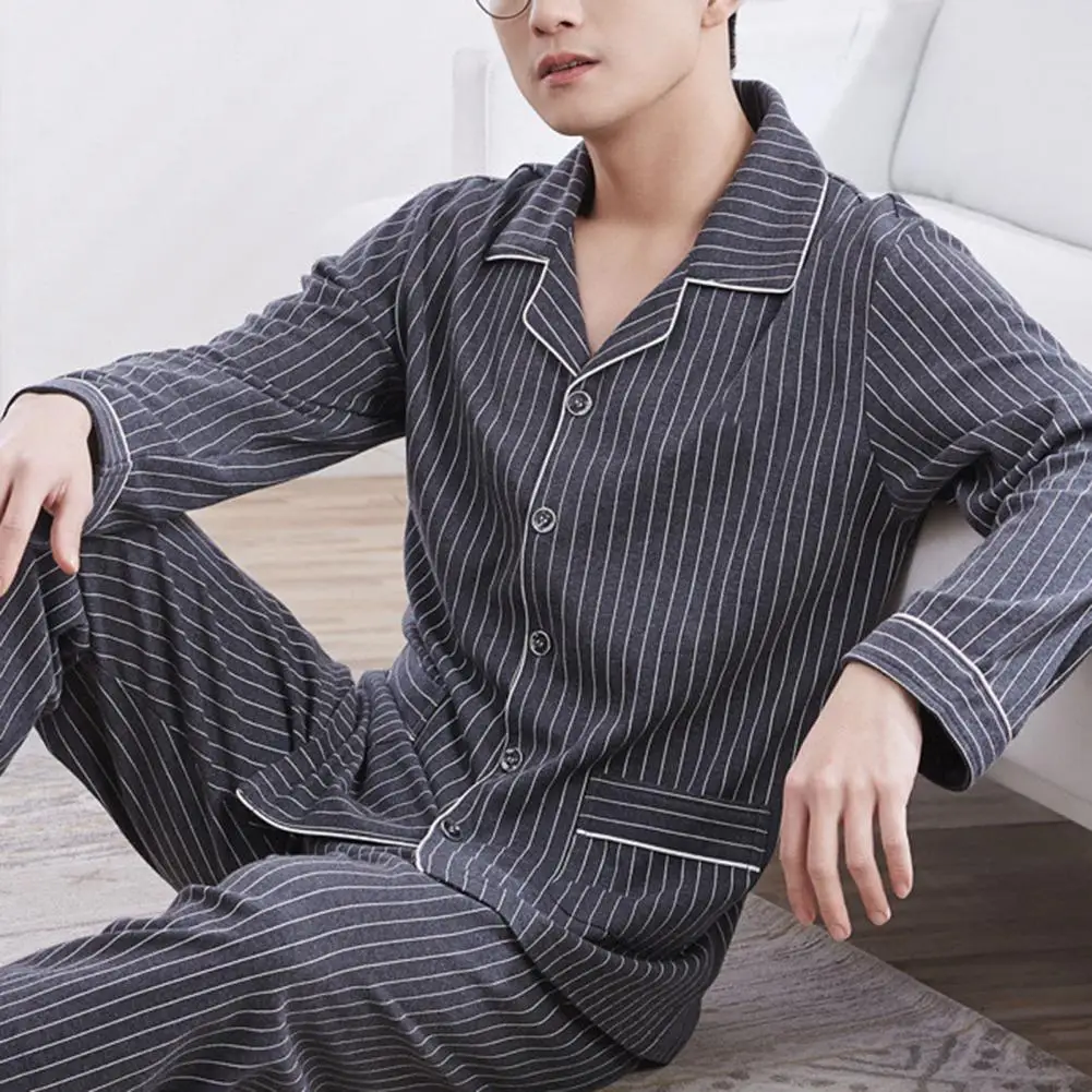 2 Pcs/Set Fall Winter Men Pajamas Set Striped Color Turn-down Collar Men Loungewear Single-breasted Elastic Waist Male Homewear