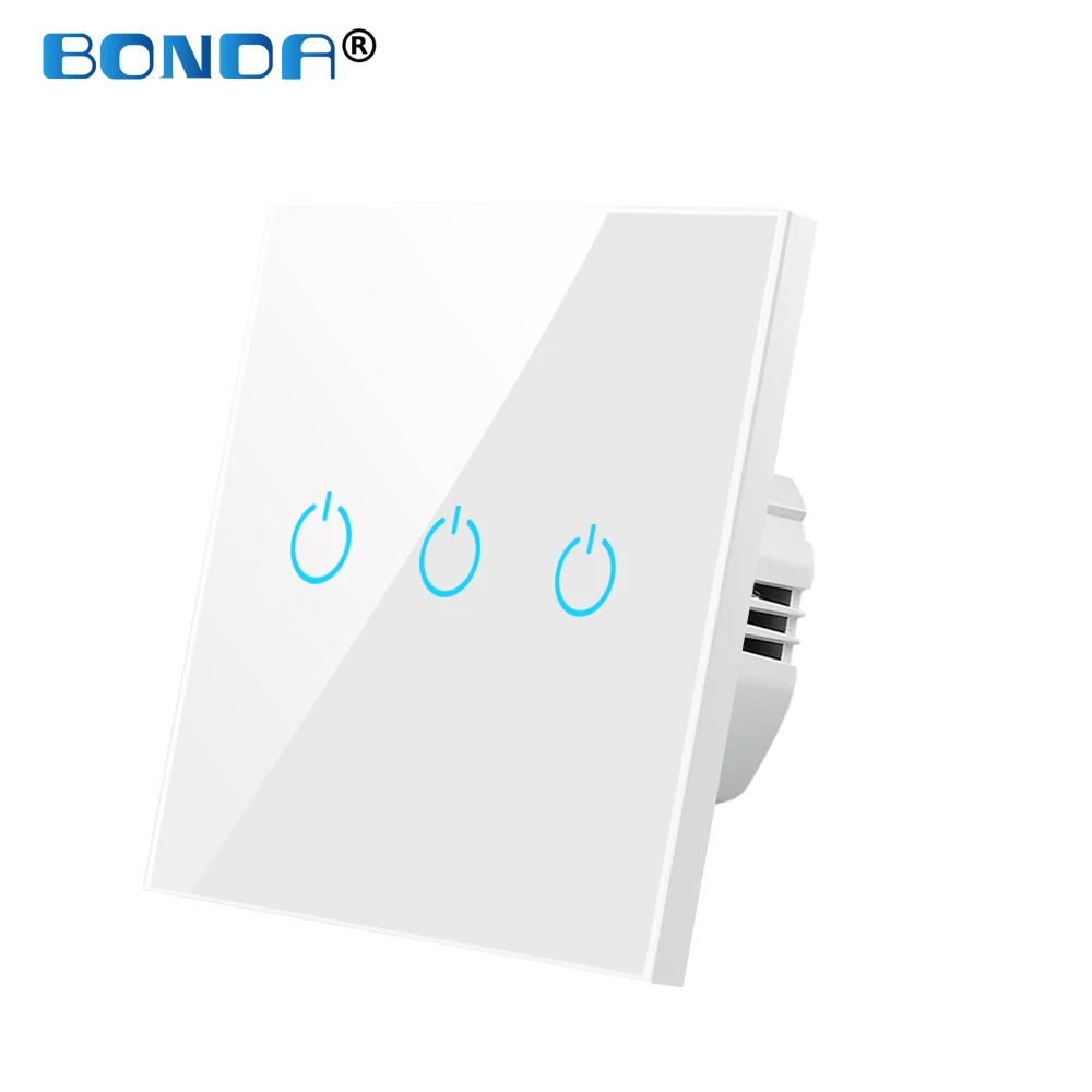 BONDA Wall Touch Switch 220V EU Standard Tempered Crystal Glass Panel Power 1/2/3 Gang 1 Way Light Sensor Switches Waterproof light switch night light Wall Switches