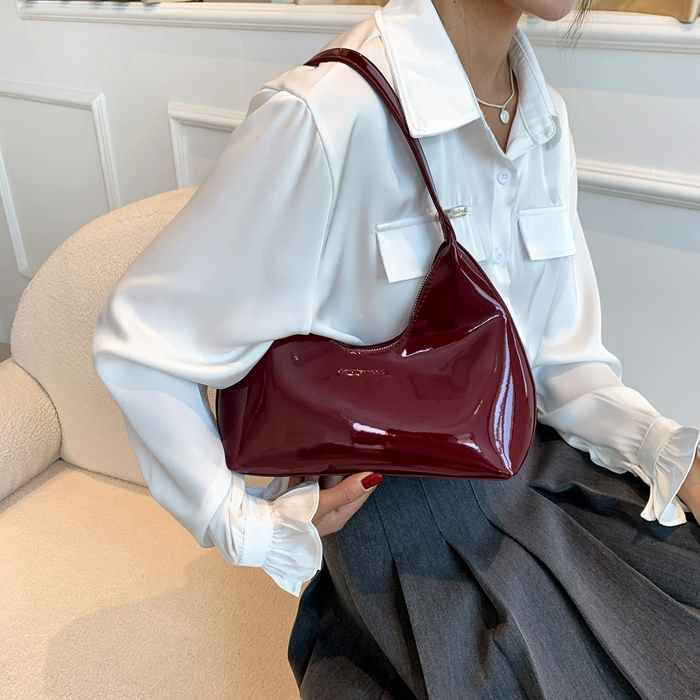 Women Patent Leather Tote Bag Versatile Fashion Shoulder Bag Casual Satchel Hobo Bag Zipper Armpit Bag Girl Shopper Purse