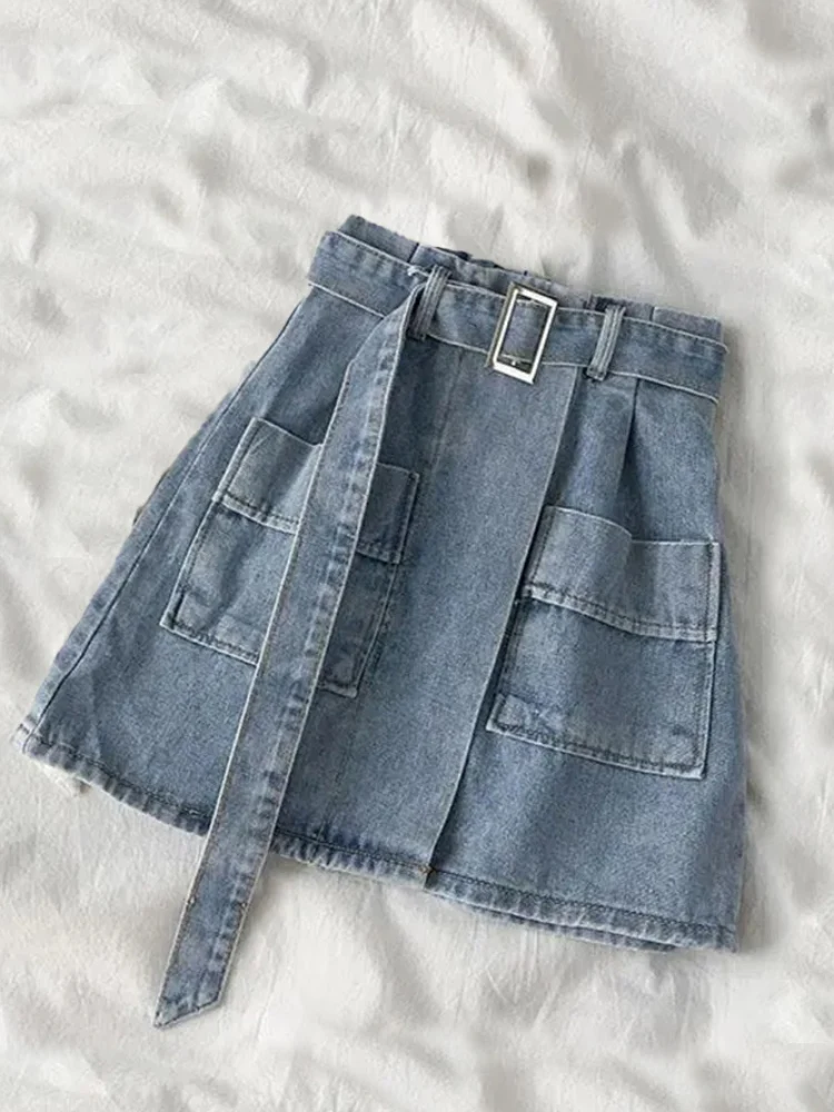 

Jmprs Fashion Belt Women Denim Skirt High Waist Summer Elegant A Line Ladies Jeans Sexy Mini Skirt Korean Student Skirts