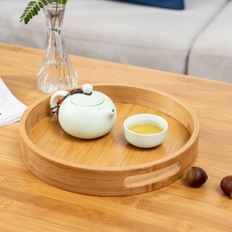 Wooden Round Serving Tray With Handles 3-Pcs Set