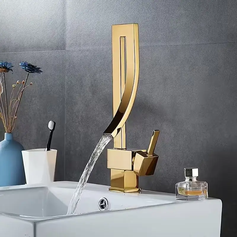 Modern Golden Brass Rotating Spout Bathroom Sink Faucet - Single Hole Installation, Valve Core, Includes Hardware & G1/2 Pipes