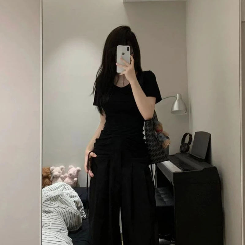 T-Shirts Women Summer Hot Girls Abdomen Short Slim American Style Spicy High Waist Tops Solid Simple Leisure All-match V-Neck 4