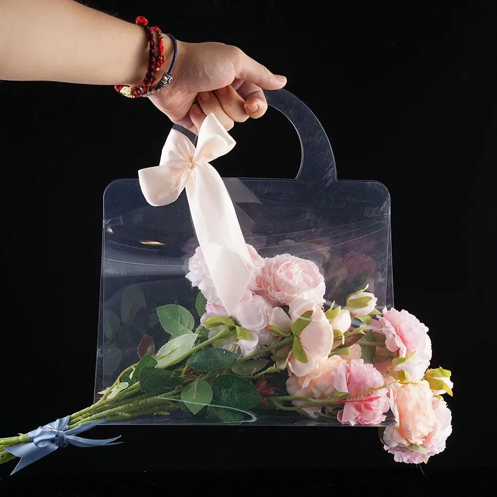 Transparent Flower Bouquet Bag Portable Fresh Flower Handbag Rose Package  Contatiner with Handle Wedding Party Gift Wrapping Box