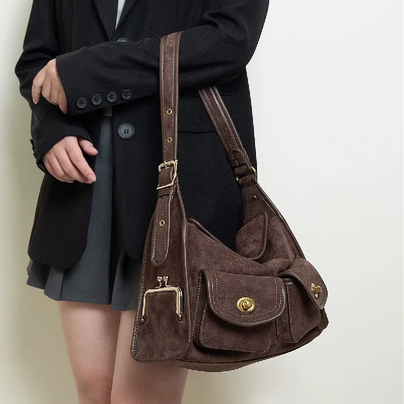 Casual Commuter Large Capacity Suede Pillow Bag Single Shoulder Crossbody Bag Vintage Style Polyester Lining Zipper Closure