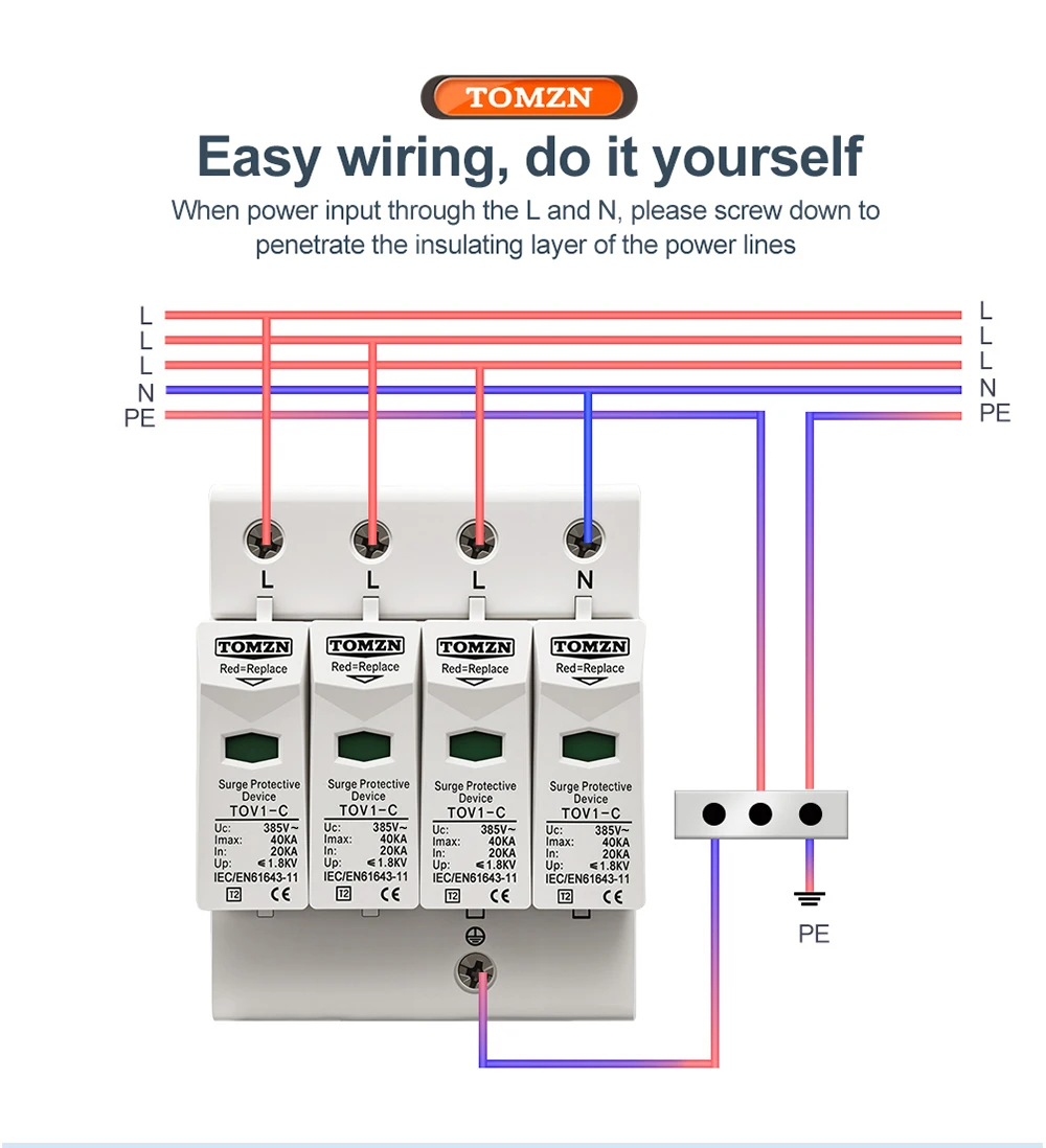 AC SPD 4P 3P+N 10-20KA 20-40KA 30-60KA 275V 385V House Surge Protector Protectiv