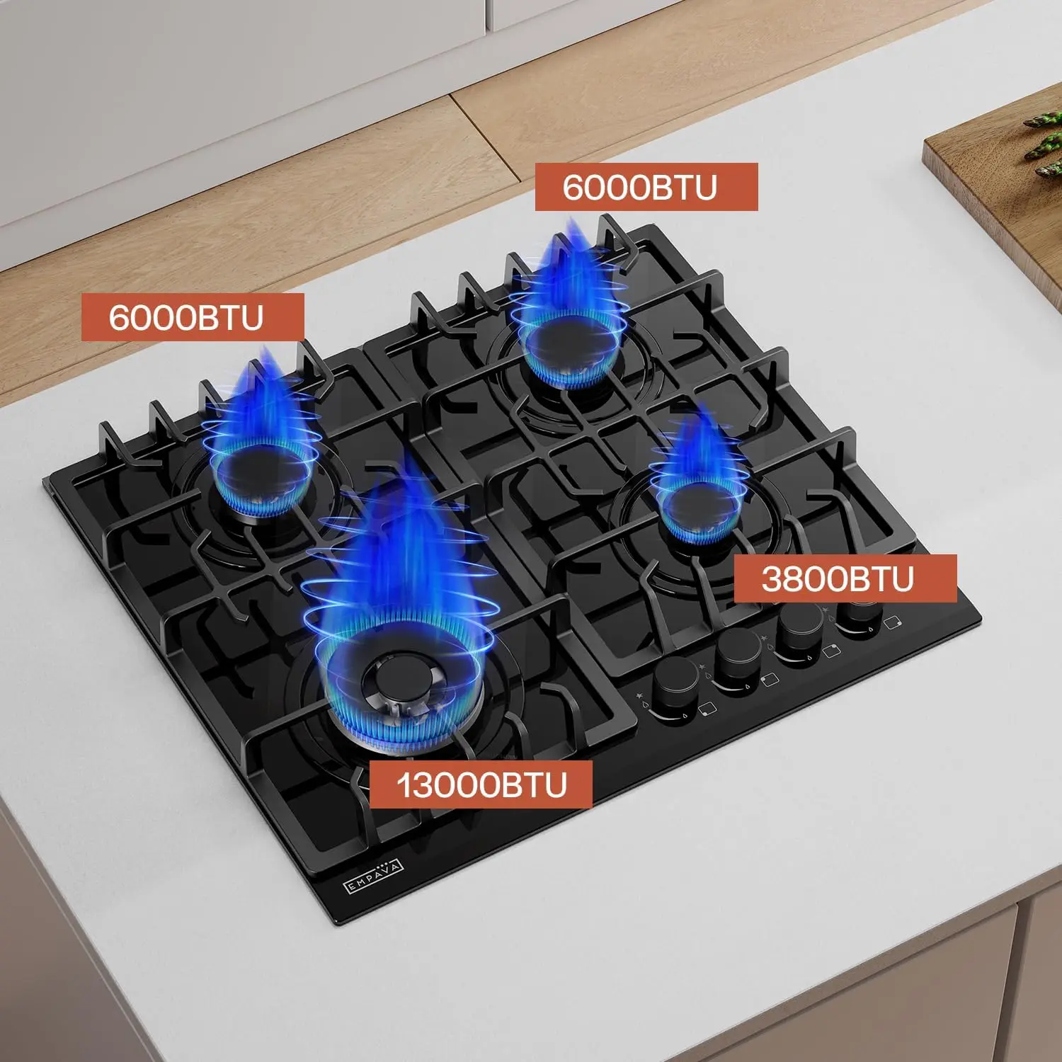 24 in. Gas Stove Cooktop with 4 Sealed Burners-Heavy Duty Continuous Grates-NG/LPG Convertible-Black Tempered Glass Surfa