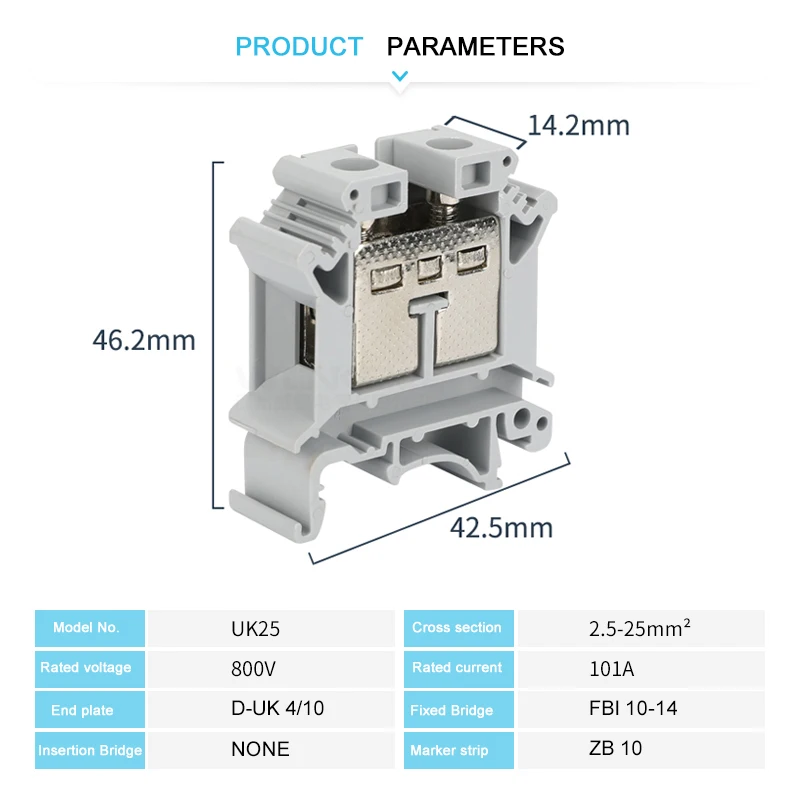 5-Pack Screw Din Rail Terminal Block, 25mm² Feed-through Electrical Connector