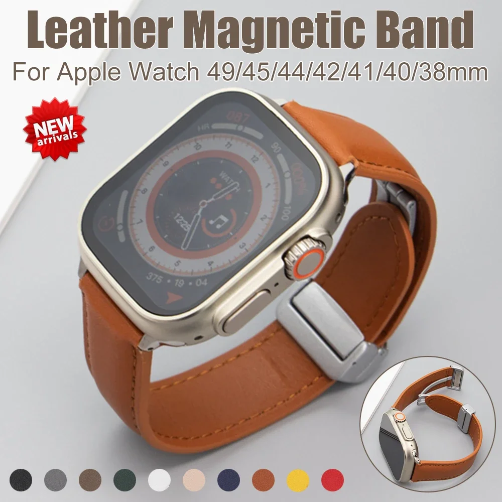 Modern Buckle Genuine Leather Strap for Apple Watch Band 44mm 40m 42mm 38mm  Correa Leather Bracelet iwatch Series 5 4 3 6 SE Strap- 1 silver case 