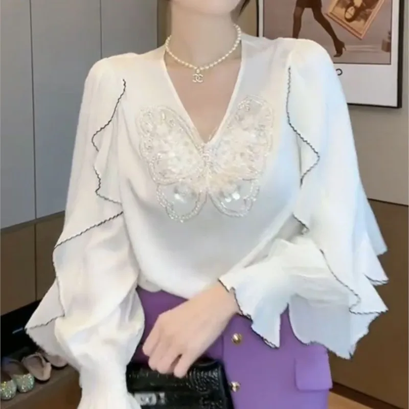 

Elegant Spliced Ruffles Sequined Flare Sleeve Blouse Women's Clothing 2023 Spring Summer New Oversized Casual Tops Sweet Shirt