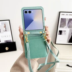 Leather Crossbody Card Slot Wallet Phone Case with Hand Strap and Lanyard Pocket Cover - Galaxy Z Flip5 (Green)