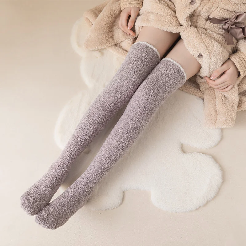 Thigh High Socks 1 Pair Women's Warm Plush Thigh High Socks Winter Coral Fleece Over The Knee Long Socks For Home Sleep EU 35-40 Solid Colors