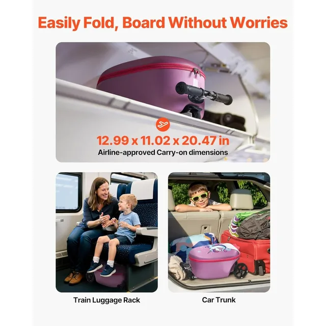 20L 20 Inch Purple Kids Ride-on Luggage Scooter Suitcase Flash PU Wheels Adjustable Handle TPR Grip Foldable for 5+ Kids Travel
