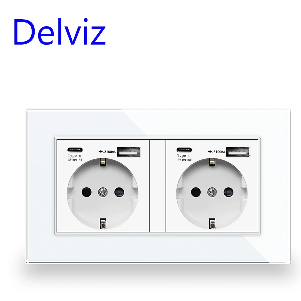 Delviz Type C USB Quick charging Socket, Crystal glass panel,EU standard Fast Charging USB Jack, Wall Embedded dual power Outlet