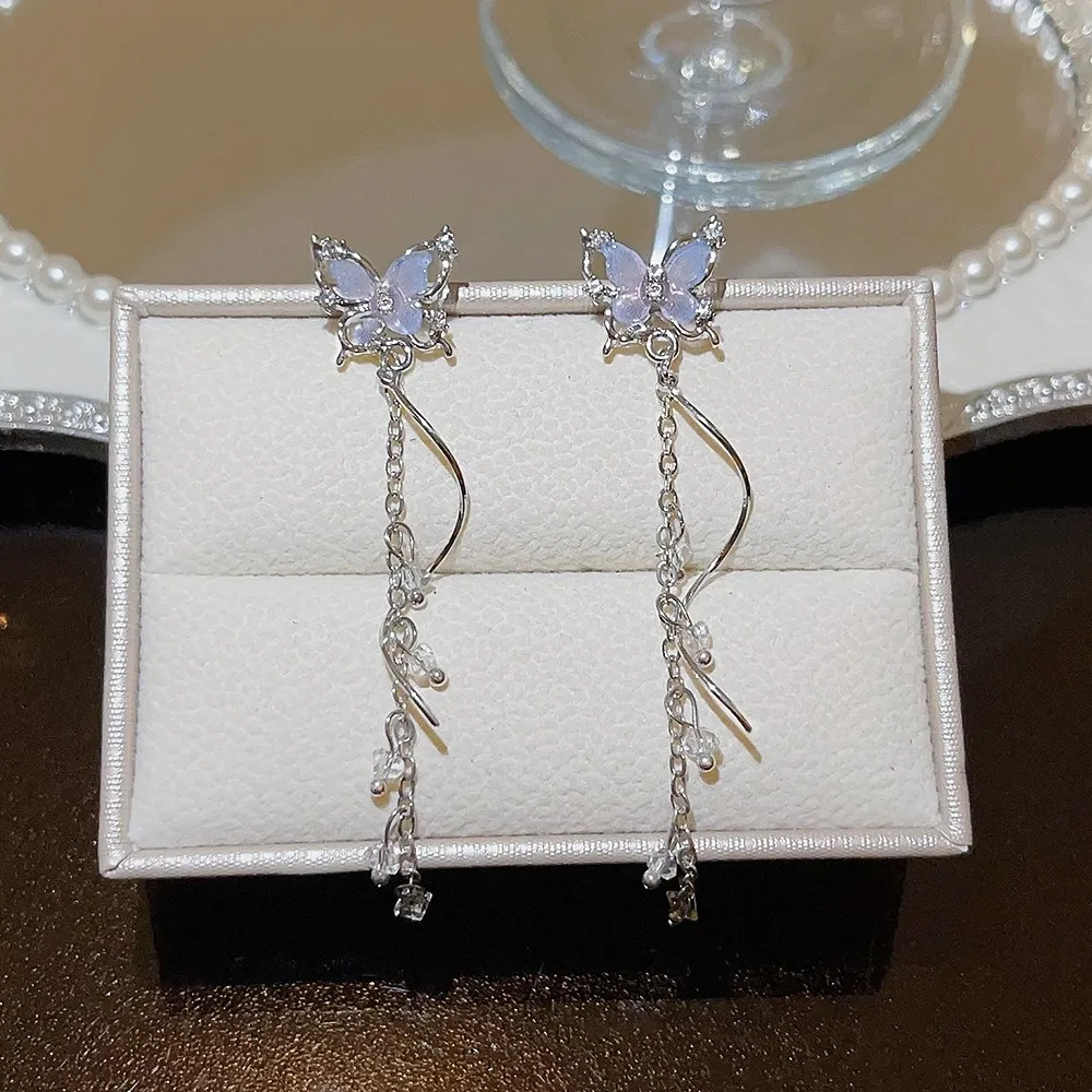 2 Pieces Exquisite Butterfly Fashion Sweet Zirconia Pink Color Silver Color Long Tassel Earrings