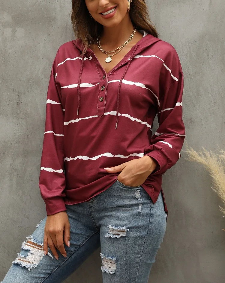

Women New Autumn Winter European American Placket Front Stripe Loose Casual Drawstring Hooded Long Sleeved Sweater Female Clothe
