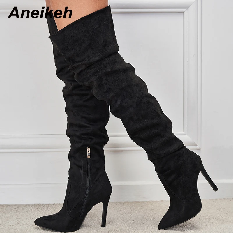 Aneikeh Women's Fashion Pointed Toe Thin Heel Over Knee Boots Spring/Autumn Flock Splicing Side Zipper Chelsea women high heel boots