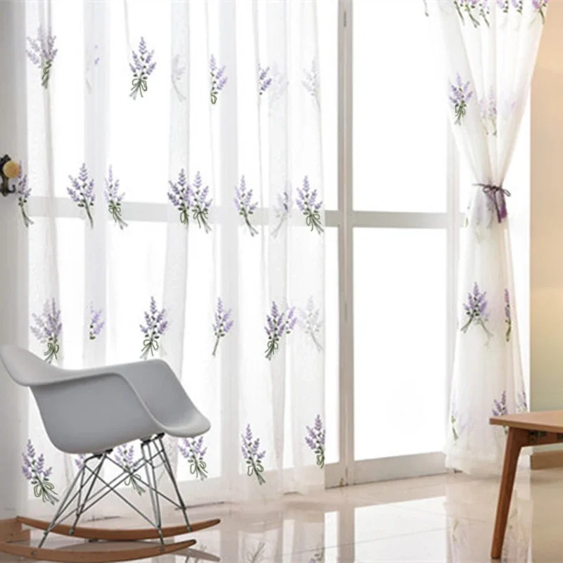 French Pastoral Curtains Purple Lavender Embroidery Tulle For Living Room Bedroom Pink Flower Curtain For Kitchen Home Decor window curtains decor curtains embroidered curtains