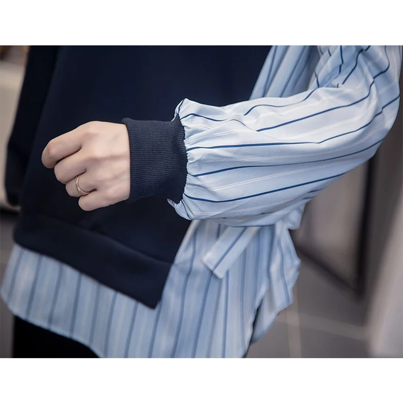 Autumn Winter Oversized Casual Fashion Fake Two Pieces Striped Patchwork Sweatshirt Ladies Loose All-match Pullover Top Women
