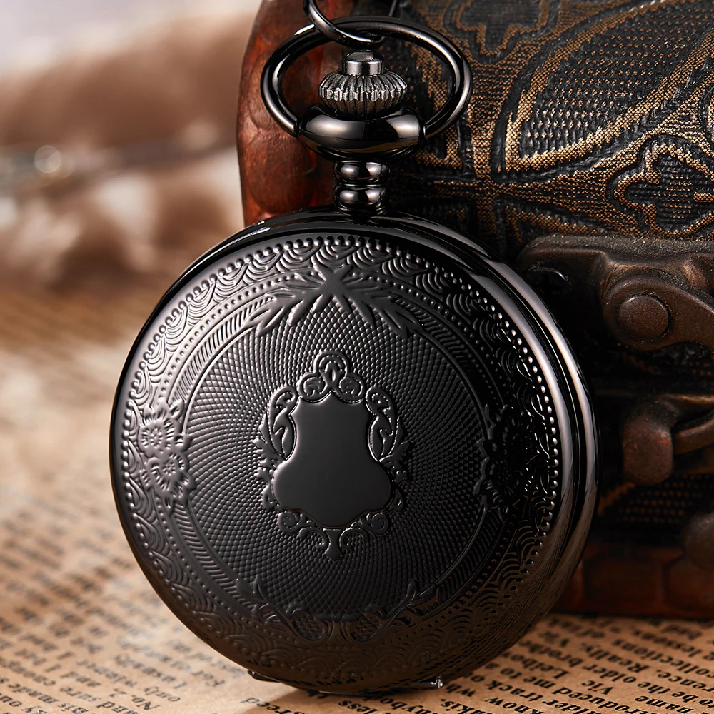 

Черные механические карманные часы с ручным ветром, циферблат с римскими цифрами, скелетоны, механические откидные часы, мужские часы с цепочкой-брелком, подарочная коробка