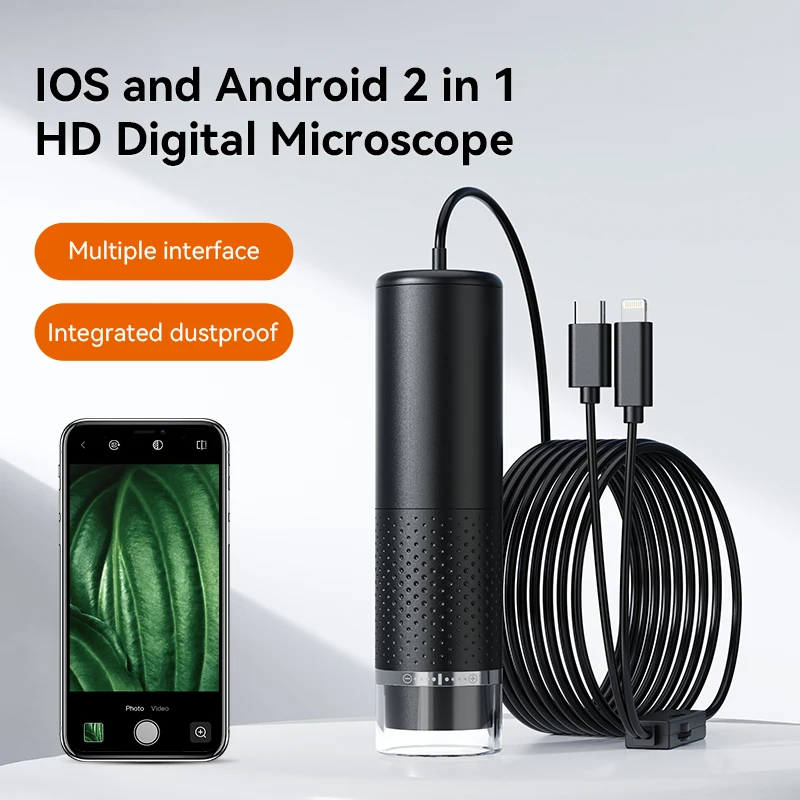 휴대용 C타입 디지털 현미경, 아이폰 안드로이드 폰 검사 카메라 현미경, 8LED 1600X 배율 내시경, 2 인 1 
