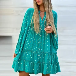 Women Casual Ruffle Patchwork V Neck Loose Dresses Spring Long Sleeve Dot Print Mini Dress Female A-line Dresses Streetwear