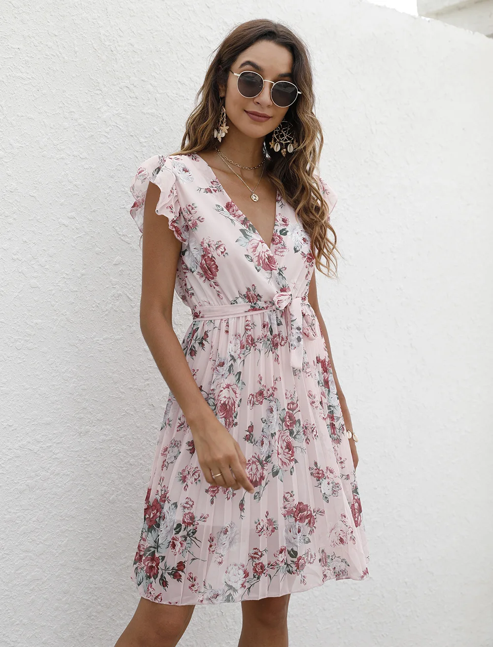 Fashion Summer Short Sleeve Women Dress 2022 New Loose Casual V-neck Flying Sleeves Waist Floral Print Pleated Dress Robe Femme casual dresses