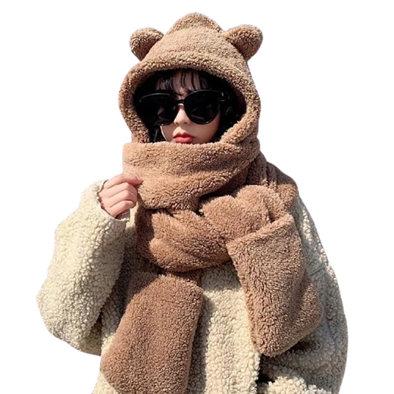 Windproof winter hat cute bear ear hat scarf gloves set for women