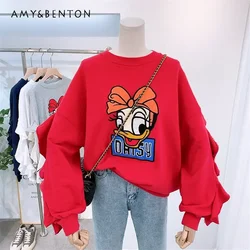 Potdemiel Women's Casual Sweatshirt Tops Spring Autumn Thin New Fashionable Embroidered Large Size Flying Sleeves Pullover Tops