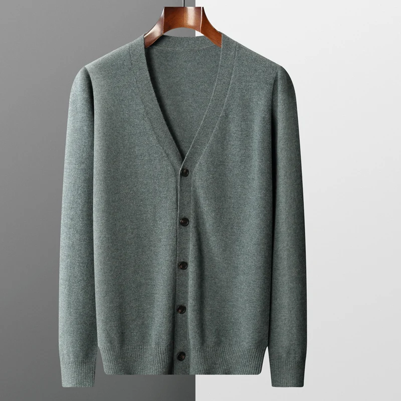 Men's Cardigan Spring Autumn Basic Style 100% Pure Merino Wool Knitted Sweater Large Loose V-neck Jacket Solid Color Casual Top
