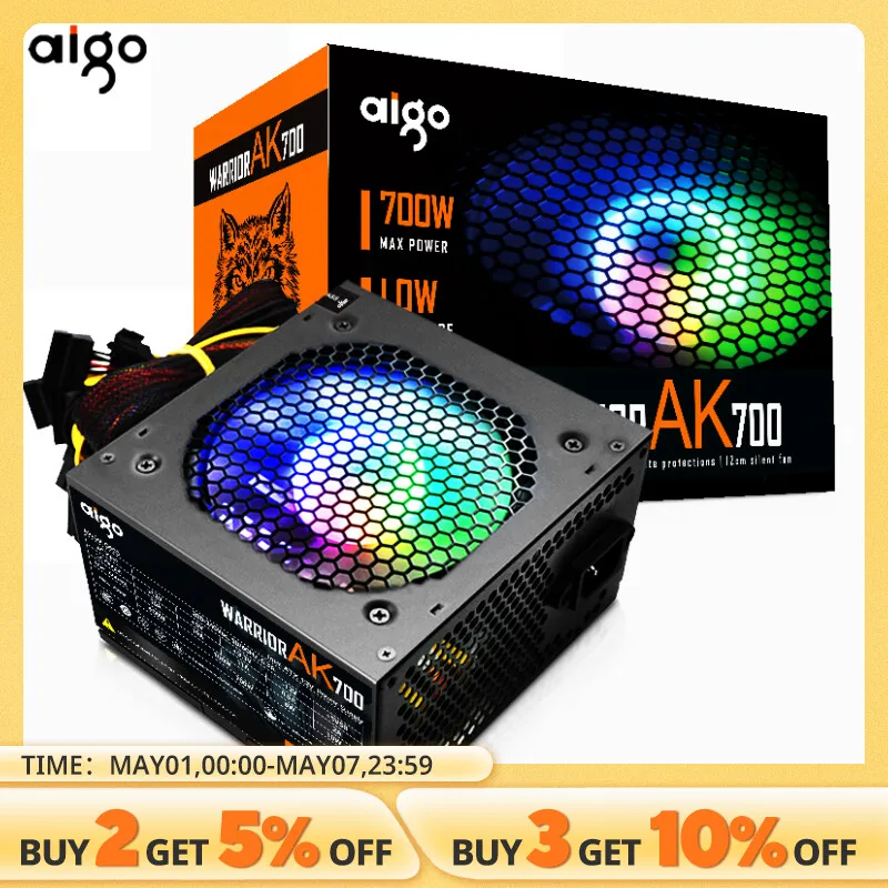 Aigo AK 700W PC PSU Power Supply Unit Black Gaming Quiet 120mm RGB Fan 24pin 12V ATX Desktop Computer Power Supply for BTC