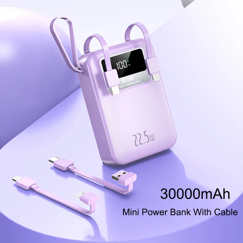 

Mini Power Bank 30000mAh Built in Cable 22.5W Fast Charging Powerbank for iPhone 14 13 12 Huawei Xiaomi Samsung Type C Poverbank