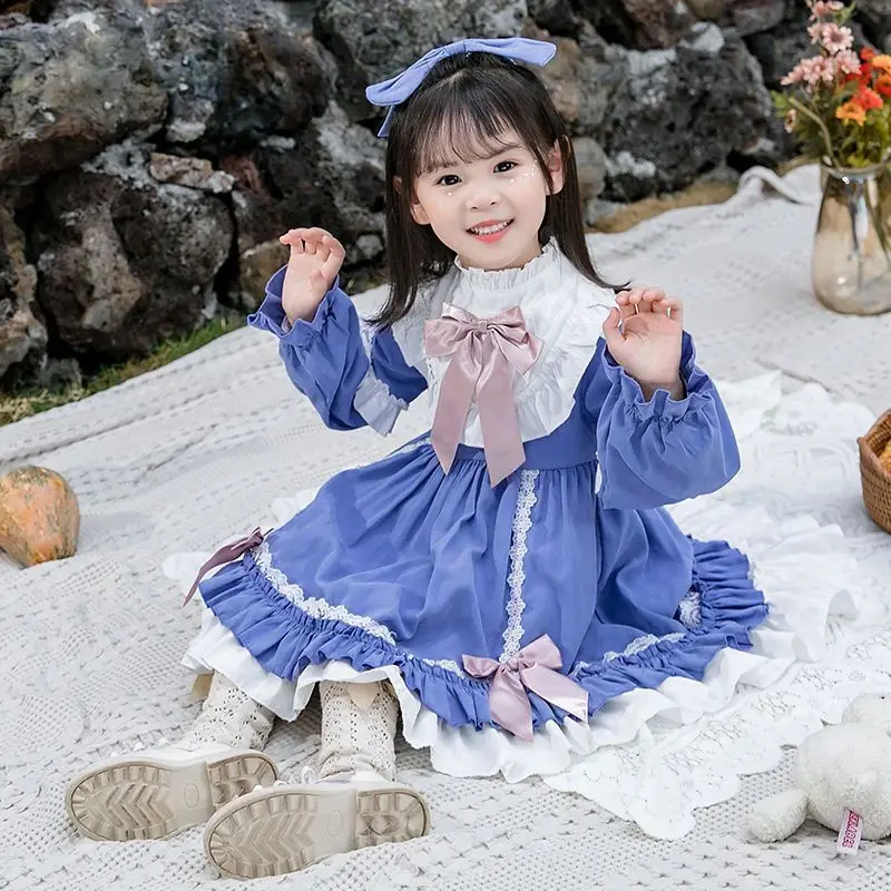 Winter Thicker Lolita Dress Girls Kids New Year Dress Long Sleeve Blue Alice In Wondeland Cute Lolita Doll Teen