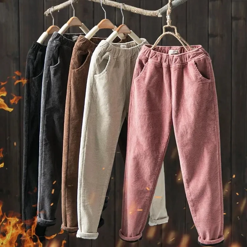 Women Solid Color Elastic Waist Baggy Warm Pantalones Basic Thick Snow Wear Harem Pant Winter Plus Velvet Casual Corduroy Pants warm velvet lined casual thick plush high waist trouser winter thicken wide leg corduroy pants korean women snow wear pantalones