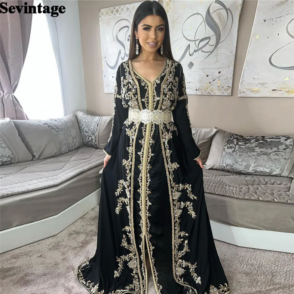 

Sevintage Noble Black Karakou Algerian Evening Dresses V-Neck Long Sleeves Lace Appliques Floor Length Formal Prom Gowns 2024