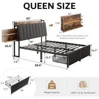 Bed Frame with 1 Hidden Drawer and 2 Drawers, Metal Heavy Duty Bed Frame with Upholstered Headboard and Multi-Port Charging 2