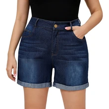 

Plus Size Women Summer Casual L-5XL Denim Shorts Solid Color Blue High Waist Loose Wide Leg Jeans Shorts Female Straight Bottoms