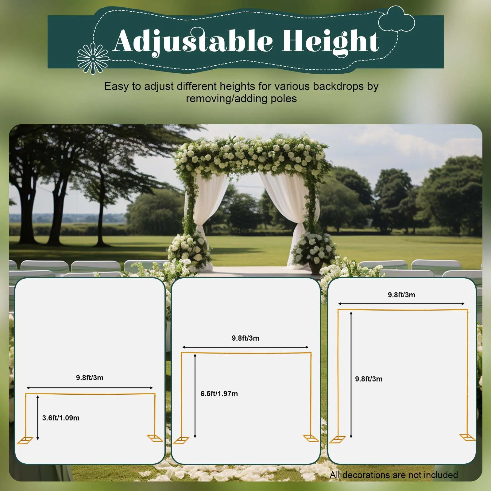 3m Large Metal Square Wedding Arch Stand Gold Arched Backdrop for Ceremony Garden Outdoor Party Event Decor Easy Assembly