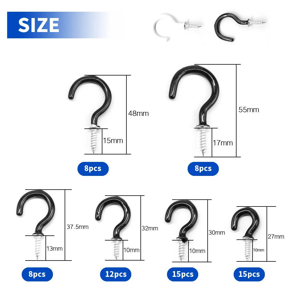 NINDEJIN 66pcs Screw hooks 3/4"-1-1/2" Black White Heavy Duty Screw in Hook Hanger Wood Wall Ceiling Hooks for Kitchen Shelf - Image 4