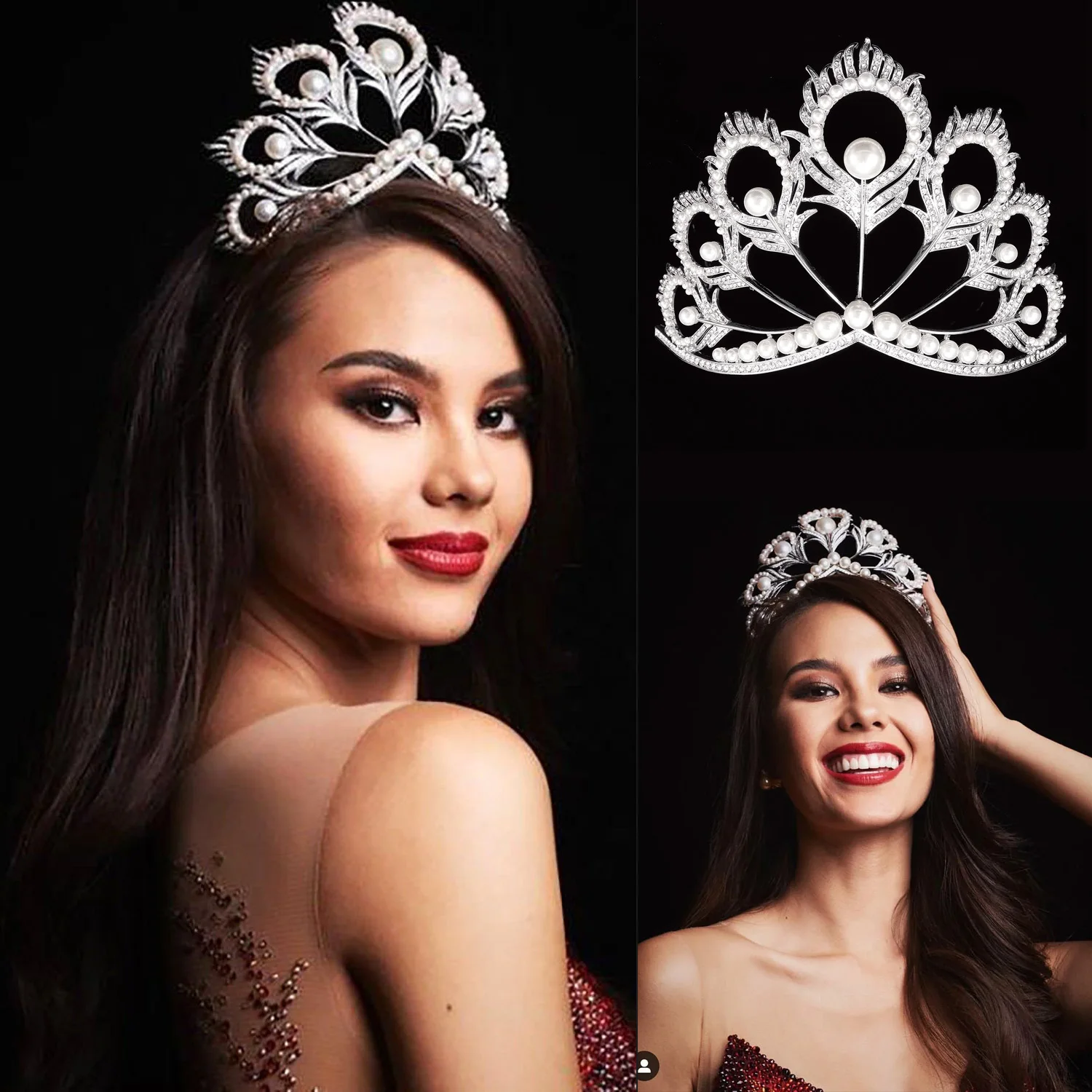 Miss Universe Crown Round Pearl Peakcock Feather Tiara Rhinestone Pageant Prom Crowns Bridal Wedding Hair Accessories Jewelry jewelry accessories hair accessory hair headdress bridal headwear hair band crown