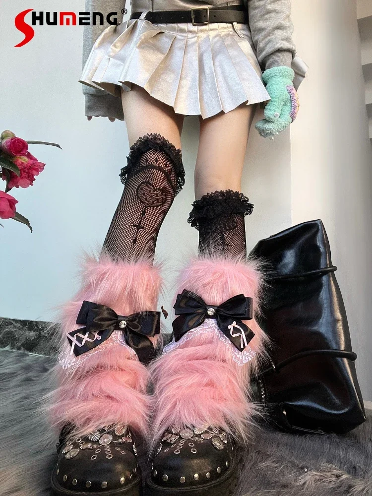 Cool Japanese Women's Long fur Pink Leg Warmer Lolita Style Leg Warmers Subculture Y2k Soft Girl Striped Bow Lace Foot Socks