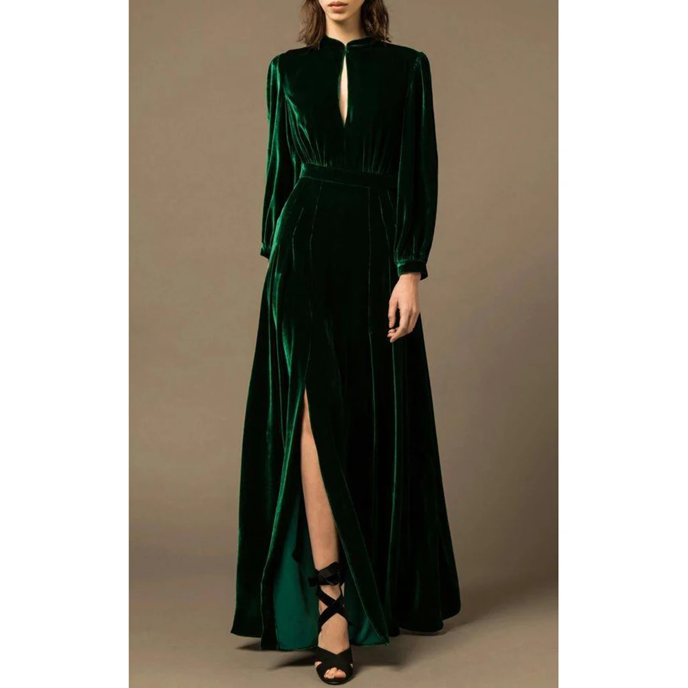 

Элегантное зеленое бархатное вечернее платье с длинным рукавом и разрезом, новое модное женское официальное платье из искусственной кожи