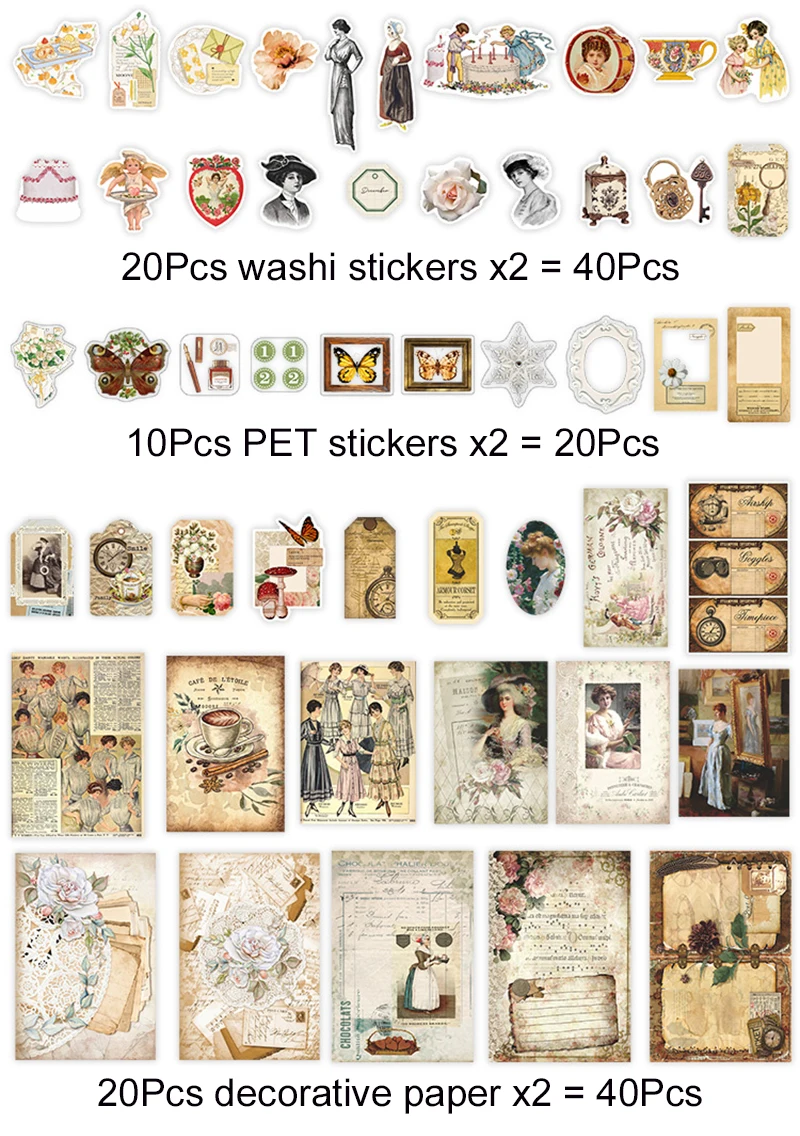 Vintage Scrapbooking Stickers 100Pcs/Set DIY Journaling Scrapbook Adhesive Washi Paper Stickers Set Antique Retro Natural